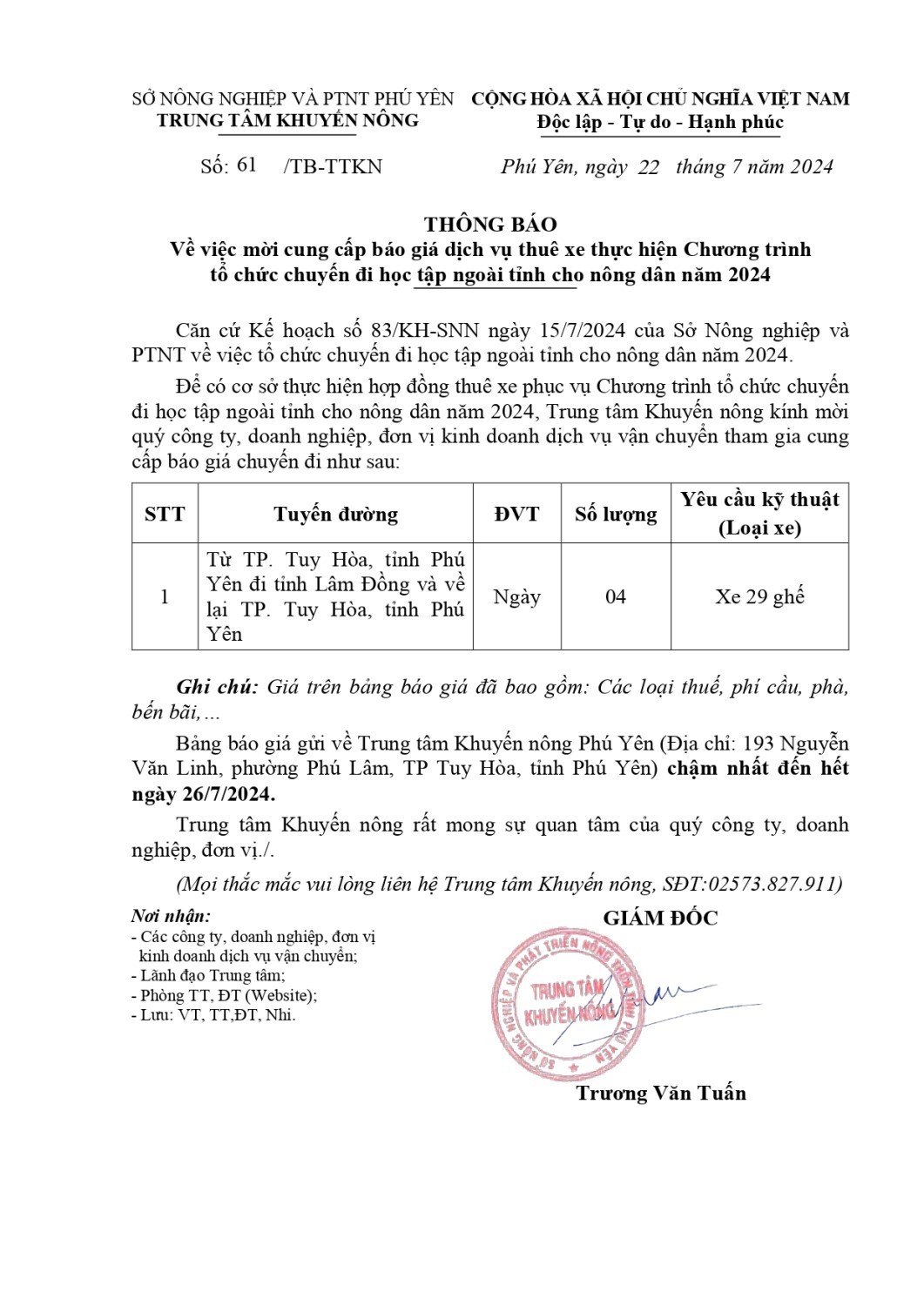 thong bao ve viec moi cung cap bao gia dich vu thue xe thuc hien chuong trinh to chuc chuyen di hoc tap ngoai tinh cho nong dan nam 2024 signed 2 page 0001